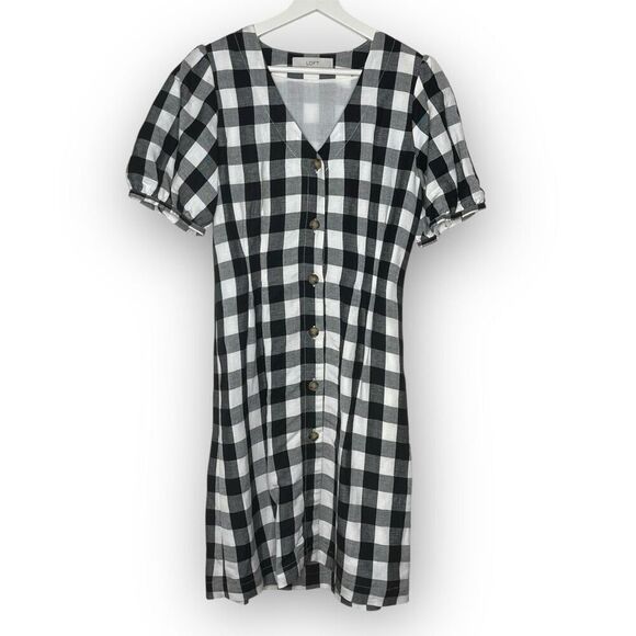 LOFT Gingham Plaid Linen Rayon Button Up Dress Black White V-Neck Women’s Size 2 - Picture 2 of 10